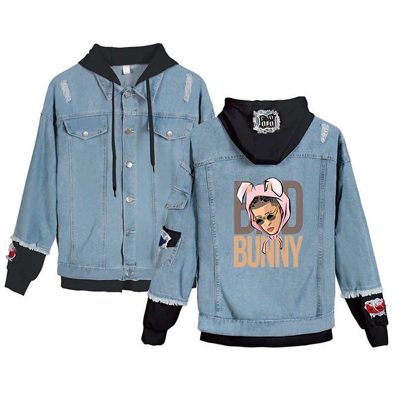 

Funny Bunny Rabbit Denim Jacket Hip Hop Style Men Women Long Sleeve Fake Two Pieces Sport Jean-Jackets Hoodie Streetwear Clothes