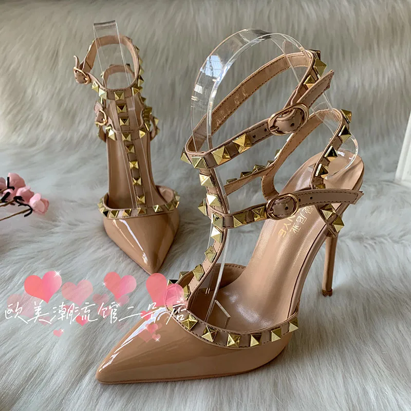 Brand designer nude patent leather open in the middle two straps plus small size 33 45 women lady female high heel sandal sale