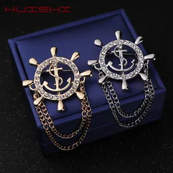 HUISHI Crystal Brooch Golden Ship's Anchor Rudder Brooches For Mens Suit Badge Lapel Pin For Men Women Chain Christmas Gift