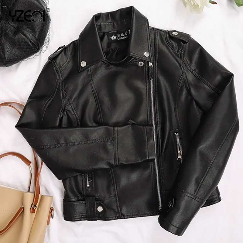 Yzeqi Women Fashion Pu Faux Leather Jacket Pu Leather Faux Soft Leather Coat Slim Casual Black Rivet Zipper Motorcycle Jacket