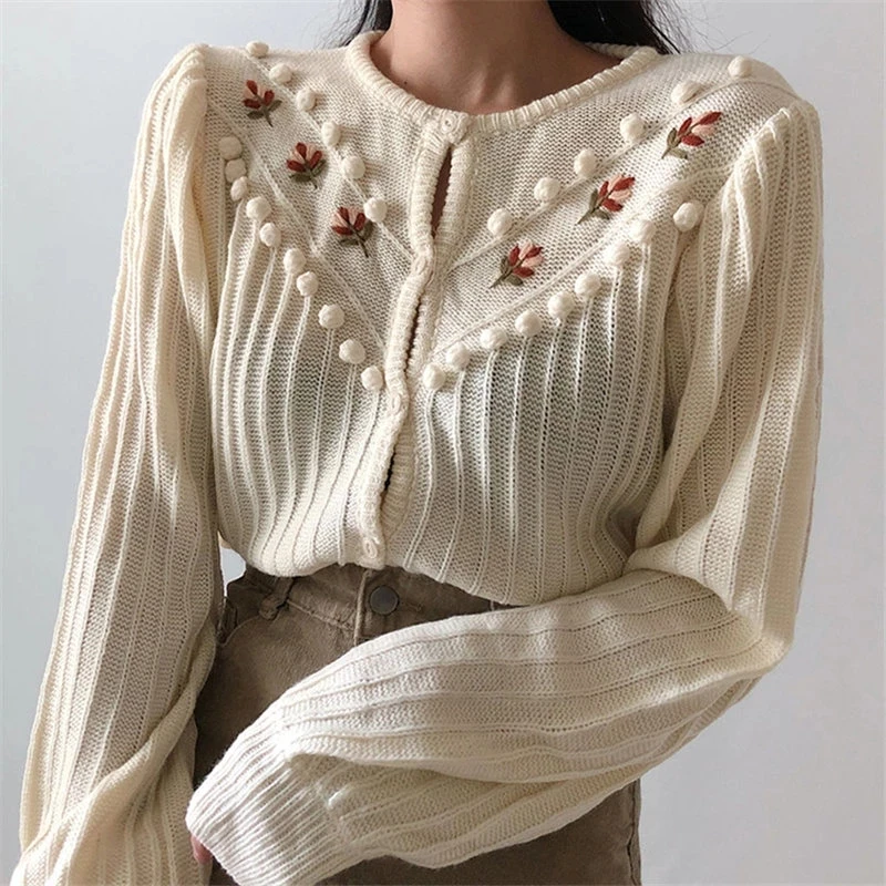 Women Sweet Gentle Floral Lantern-Sleeved Knitted Sweater Girls Korea Cute Chic Simple Fresh Cardigans Sweaters