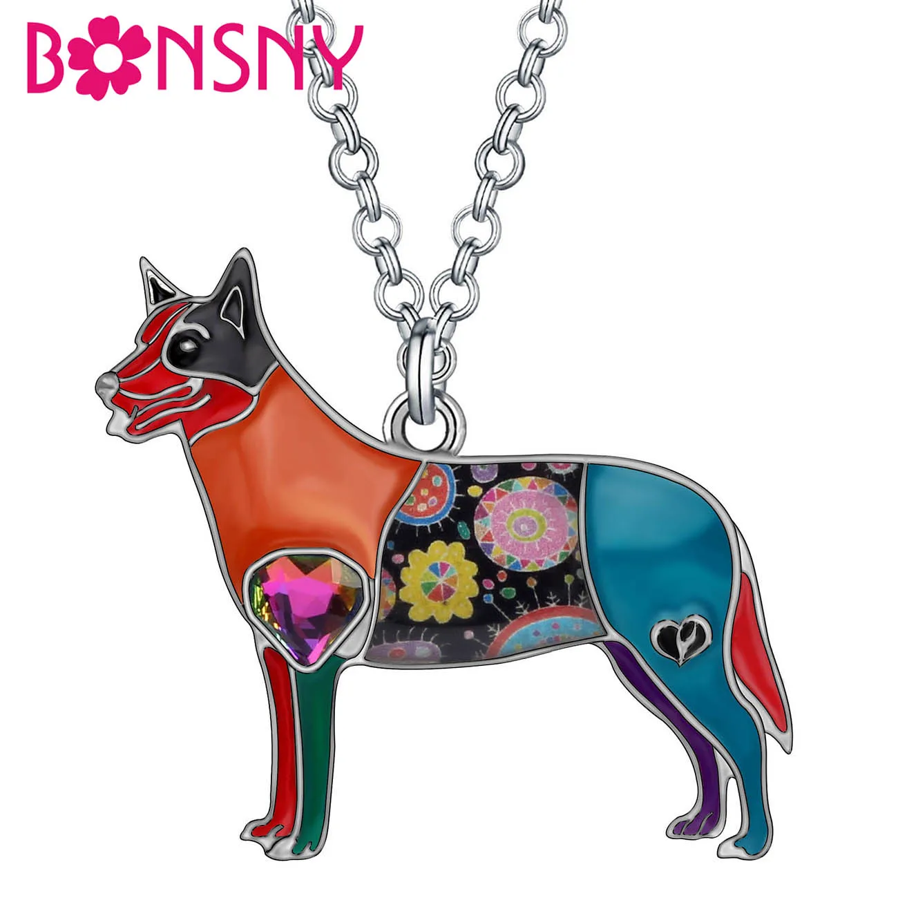 

BONSNY Rhinestone Crystal Enamel Alloy Floral Australian Cattle Dogs Necklace Pets Pendant Novelty Pets Jewelry For Women Girls