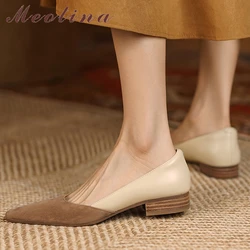 Meotina Women Shoes Genuine Leather Kid Suede Pumps Thick Low Heels Square Toe Ladies Footwear Spring Autumn Beige Cow Leather