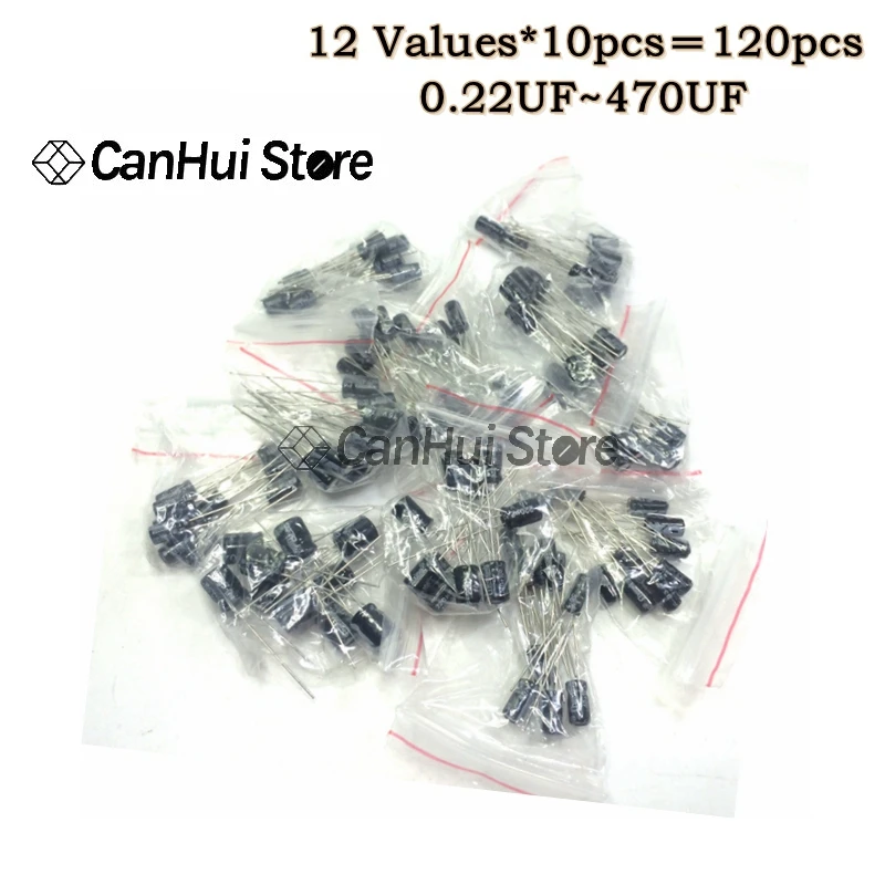 120pcs 12 values kit 0.22UF-470UF Electrolytic Capacitor assortment set pack 1UF 2.2UF 3.3UF 10UF 22UF 33UF 47UF 100UF 220UF