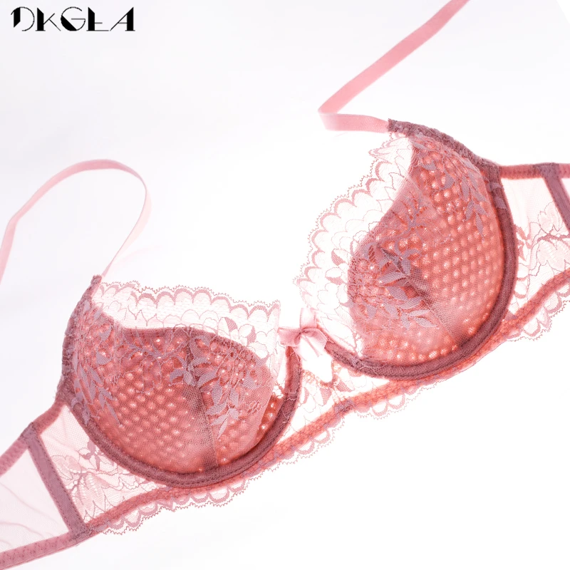 Ultrathin Pink Bra Set Sexy Lingerie Hollow Lace Brassiere Embroidery Women Underwear Set Plus Size C D E Cup Bras Transparent