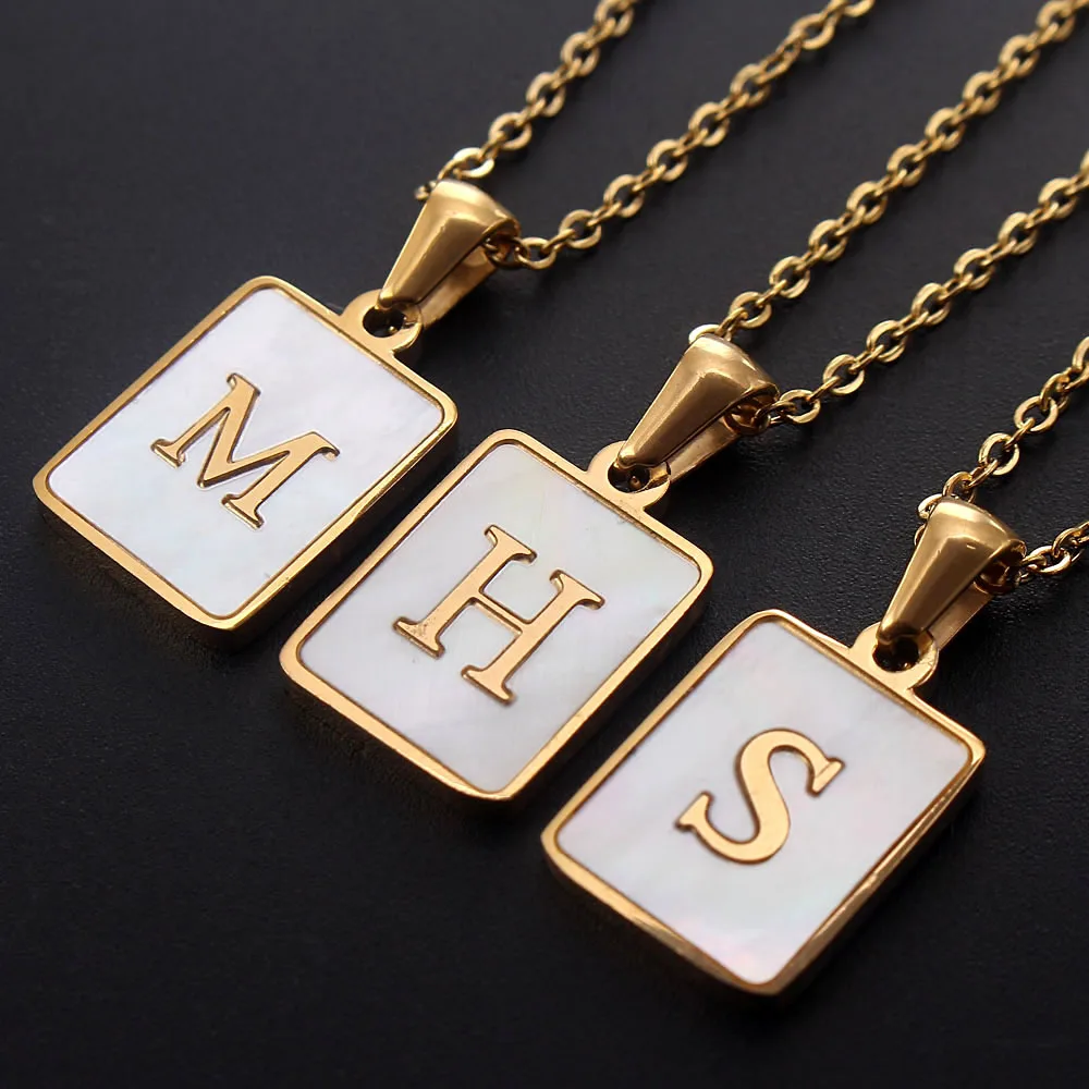 MHS.SUN Fashion Square 26 Alphabet Shell Pendant Necklace Stainless steel Jewelry For Women Letter Chain Necklace Party Gift 1PC