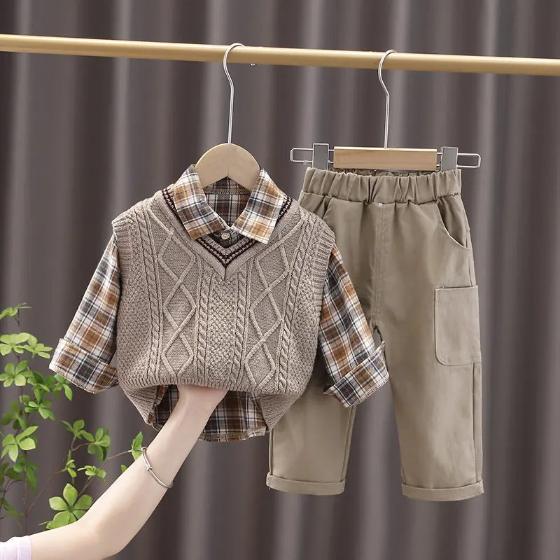 Spring Fashion Kids Cotton Clothes Kids Boys Girls Sweater Vest Plaid Shirts Pants 3Pcs/sets Pocket Children Toddler Tracksuits