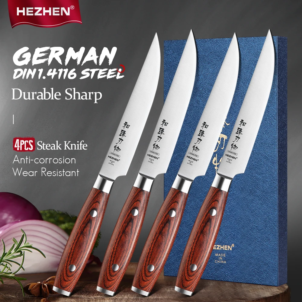 

HEZHEN 4PC Steak Knife Set German 1.4116 Stainless Steel High-quality Pakka Wood Handle Super Sharp Kitchen Cook Tools