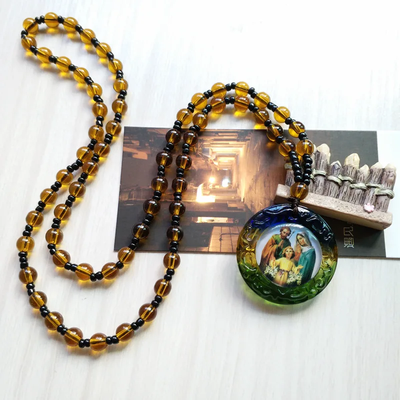 Rosarios catolicos Necklace Men Women Pendant Retro Glass Double-sided Holy Family Image Catholic Jewelry Christian Necklace