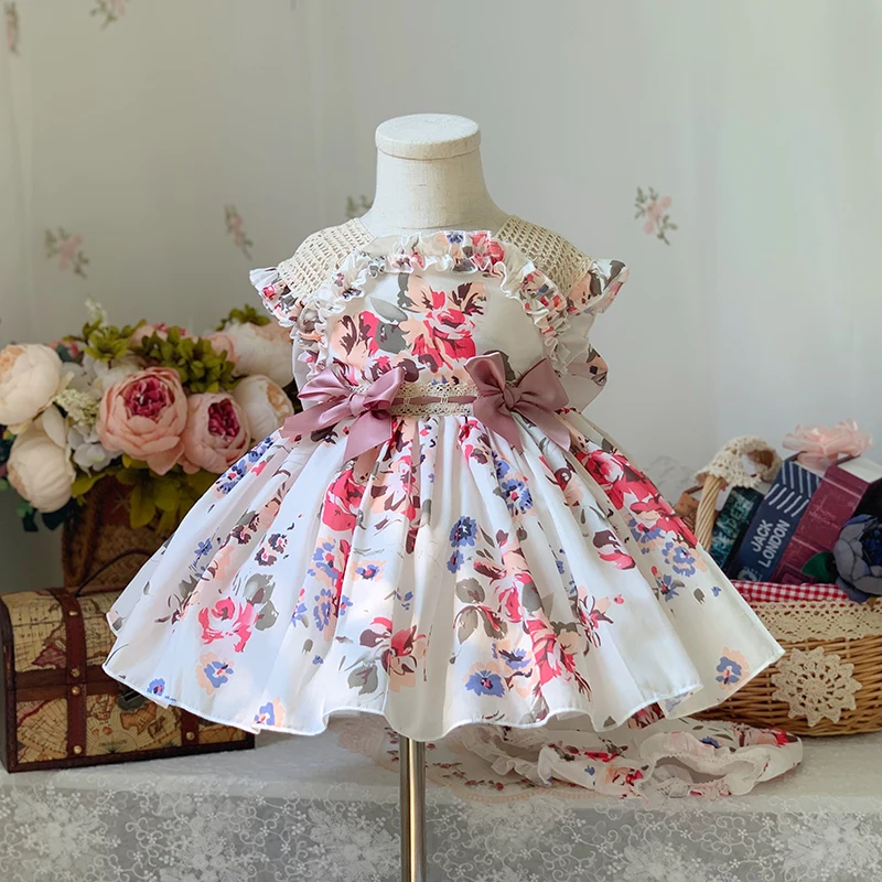 2PCS Summer Spanish Princess Ball Gown Bow Print Sleeveless Vintage Birthday Party Easter Eid Girl Lolita Dress For 12M-6T Y3041