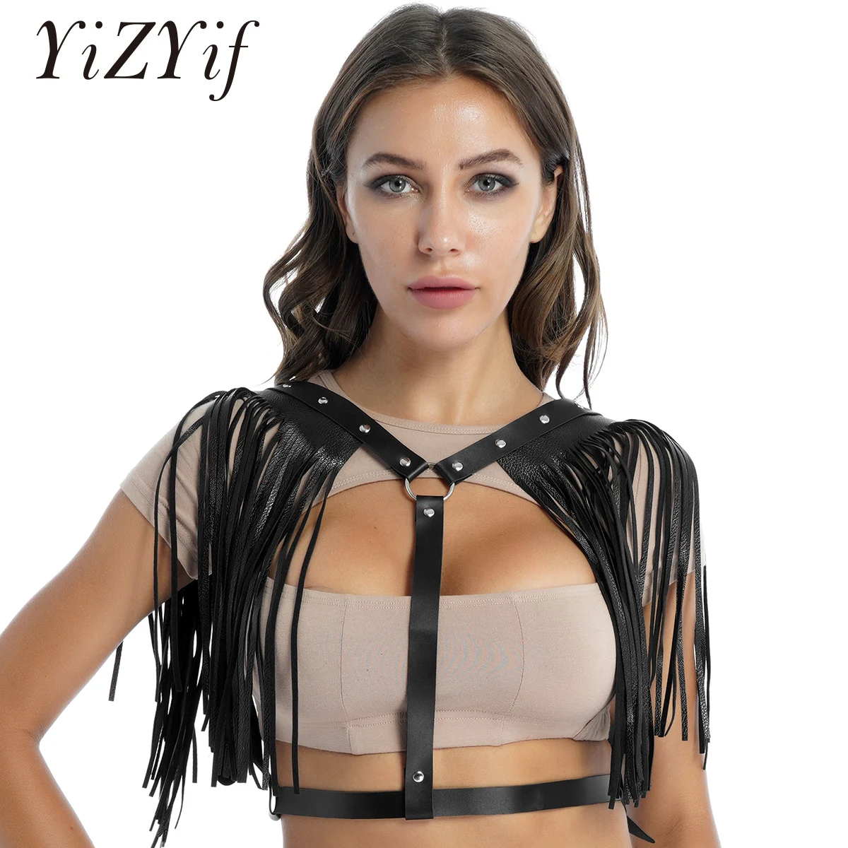 

Sexy Club Accessories Women PU Leather Handmade Harness Double Row Tassel Waist Belts Body Chest Punk Belt Straps Shoulder