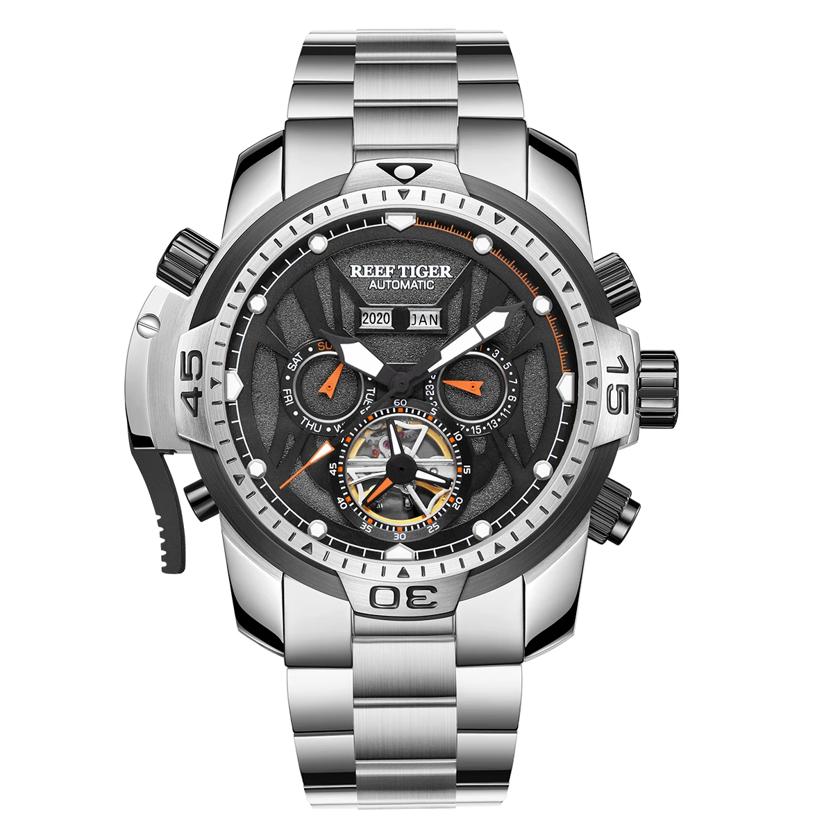 Reef Tiger Mens Automatic Watches Men Military Watch Sport Mechanical Wristwatch Steel Strap Sapphire Skeleton Big Dial RGA3532