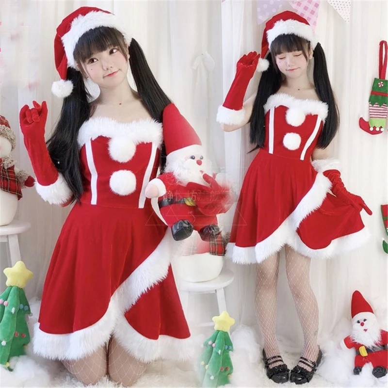 

Ladies Sexy Red Christmas Santa Claus COS Costume Fancy Stage Show Clothing Dancing New Year Christmas Dresses with Hat Gloves