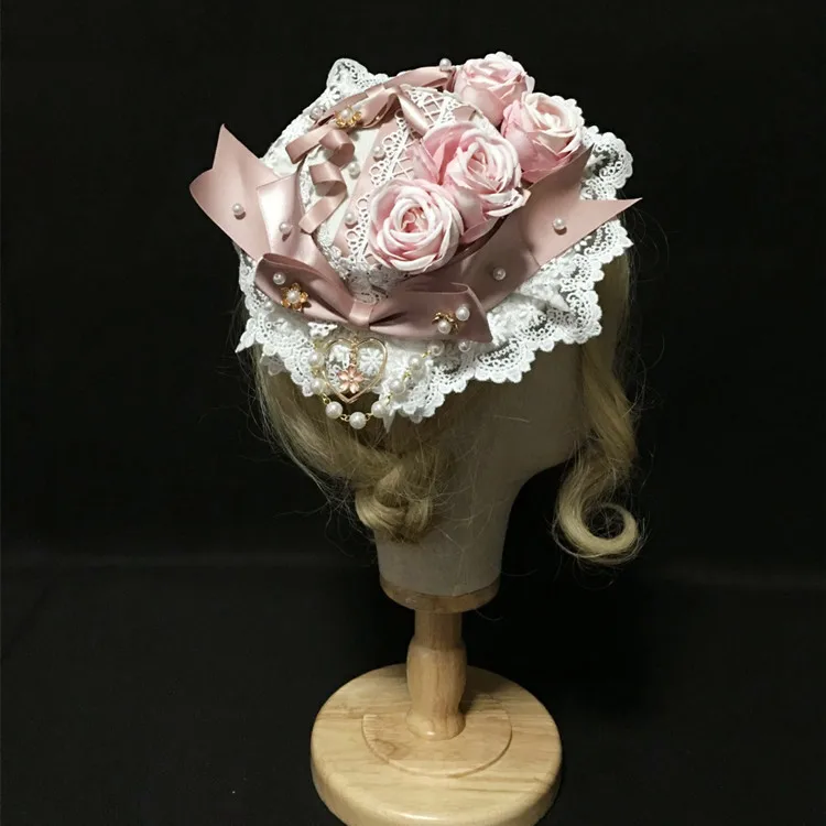 Sweet Lolita Handmade Headdress Top hat Party lace Rose  Flower Bow  Pendant Hair Clip Hat Elegant Flat Cap