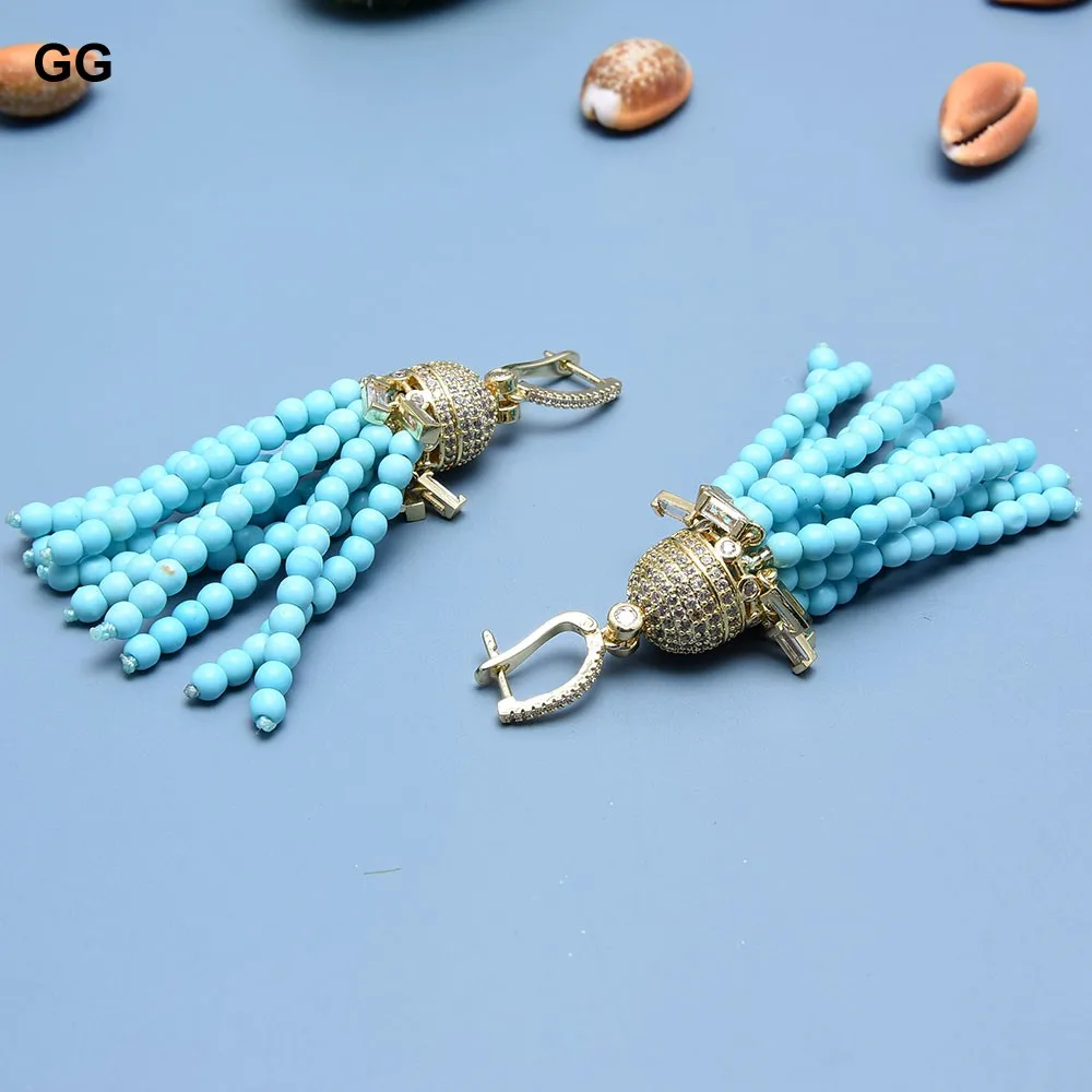 Imagem -02 - Brincos de Gancho Banhados a Ouro para Mulheres gg Blue Round Turquoise Crystal Brincos Pavimentados cz cz Fitting Gifts