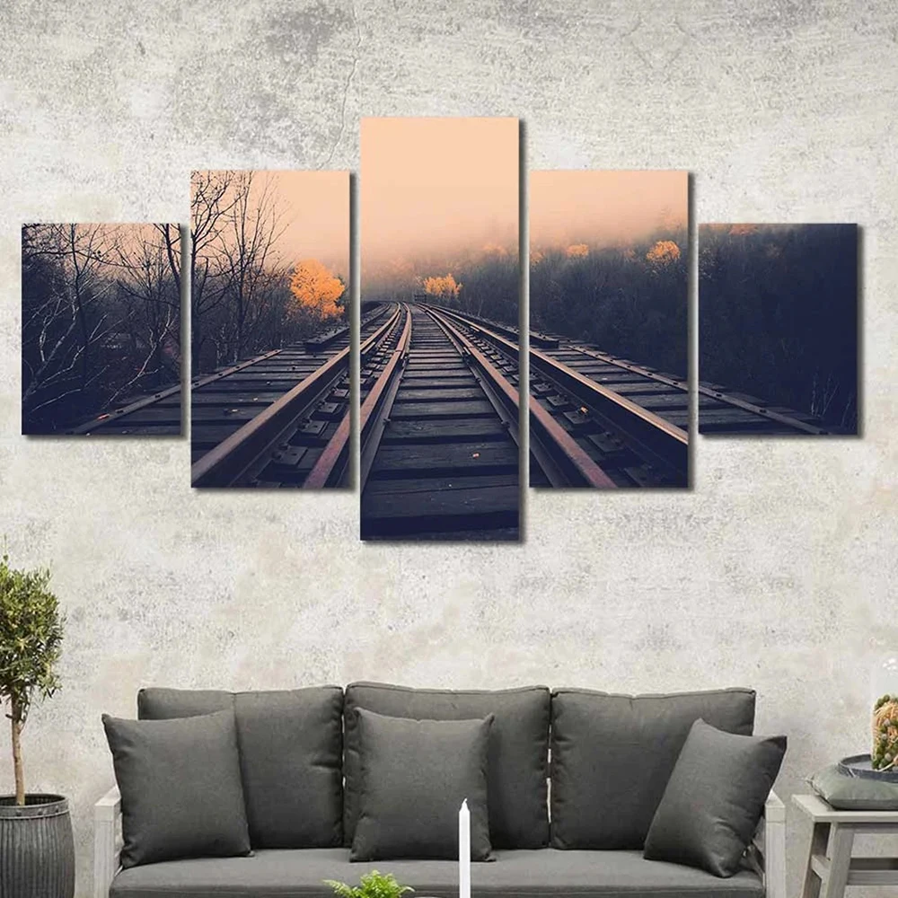 5 Pieces Wall Art Canvas Painting Landscape Poster Train Railroad Tracks Modern Living Room Home Modular Pictures Decoration