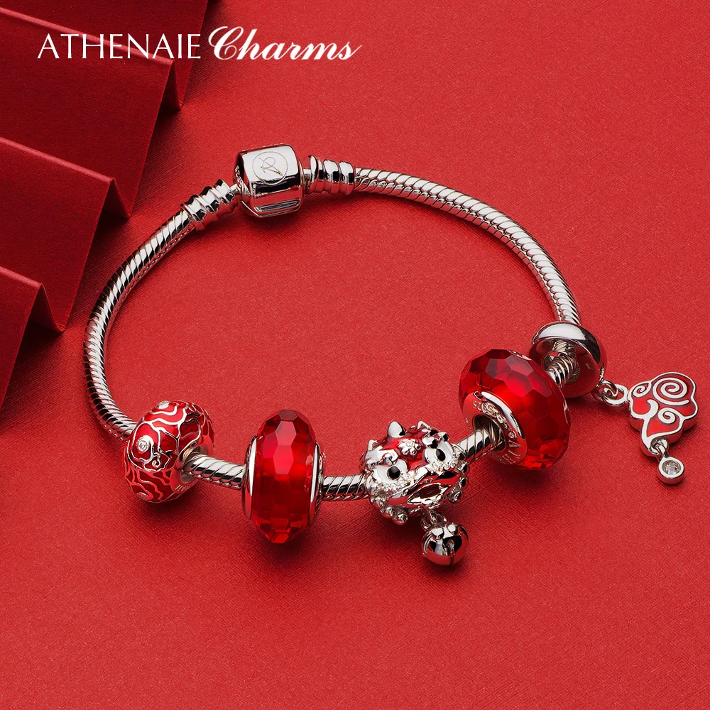 ATHENAIE 925 Sterling Silver Red Enamel Vintage Chinese Lucky Cloud Charms beads for Women Bracelet Necklace Christmas DEAL