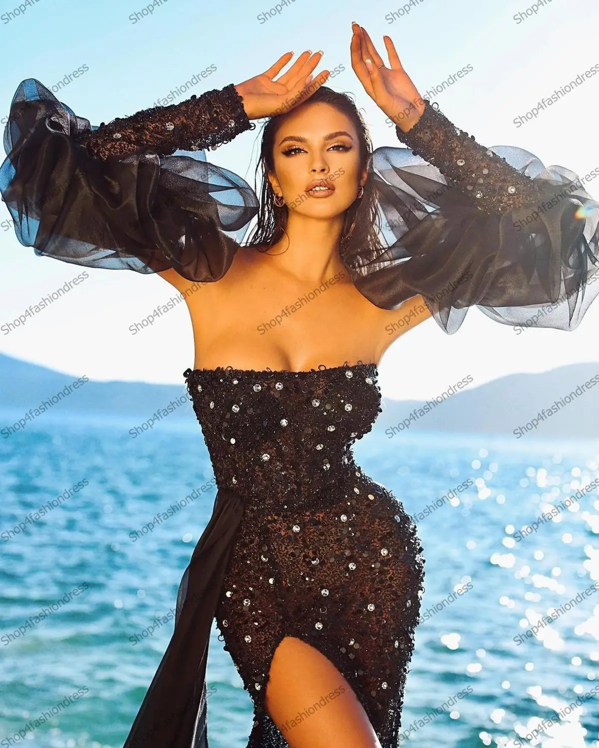 Vestido de baile sexy preto sem alças com divisão lateral, vestido de baile com mangas compridas, vestidos de festa luxuosos de renda de cristal, vestido de tule e trem