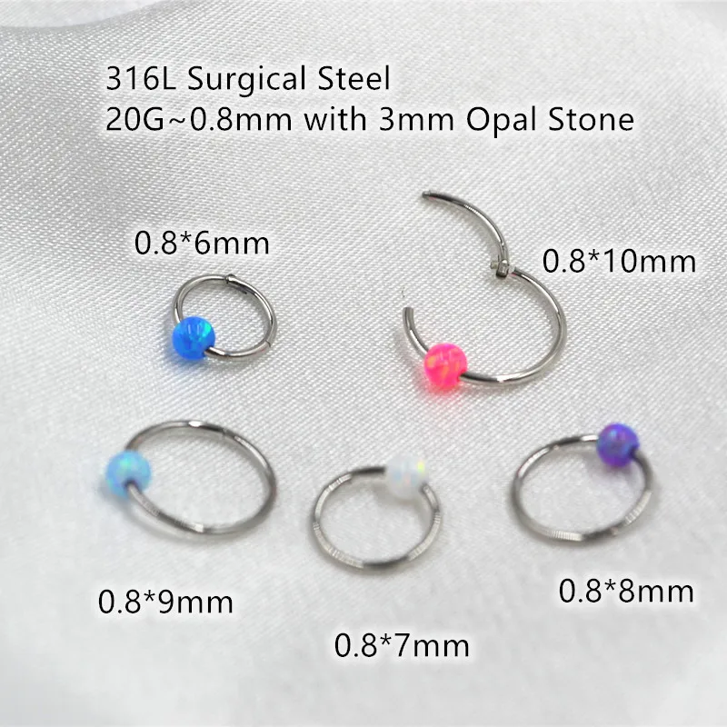 10pcs Thin Bar 20G 316L Surgical Steel Seamless Hinged Segment Opal Nose Clicker Hoop Septum Ear Rook Cartilage  Body Piercing