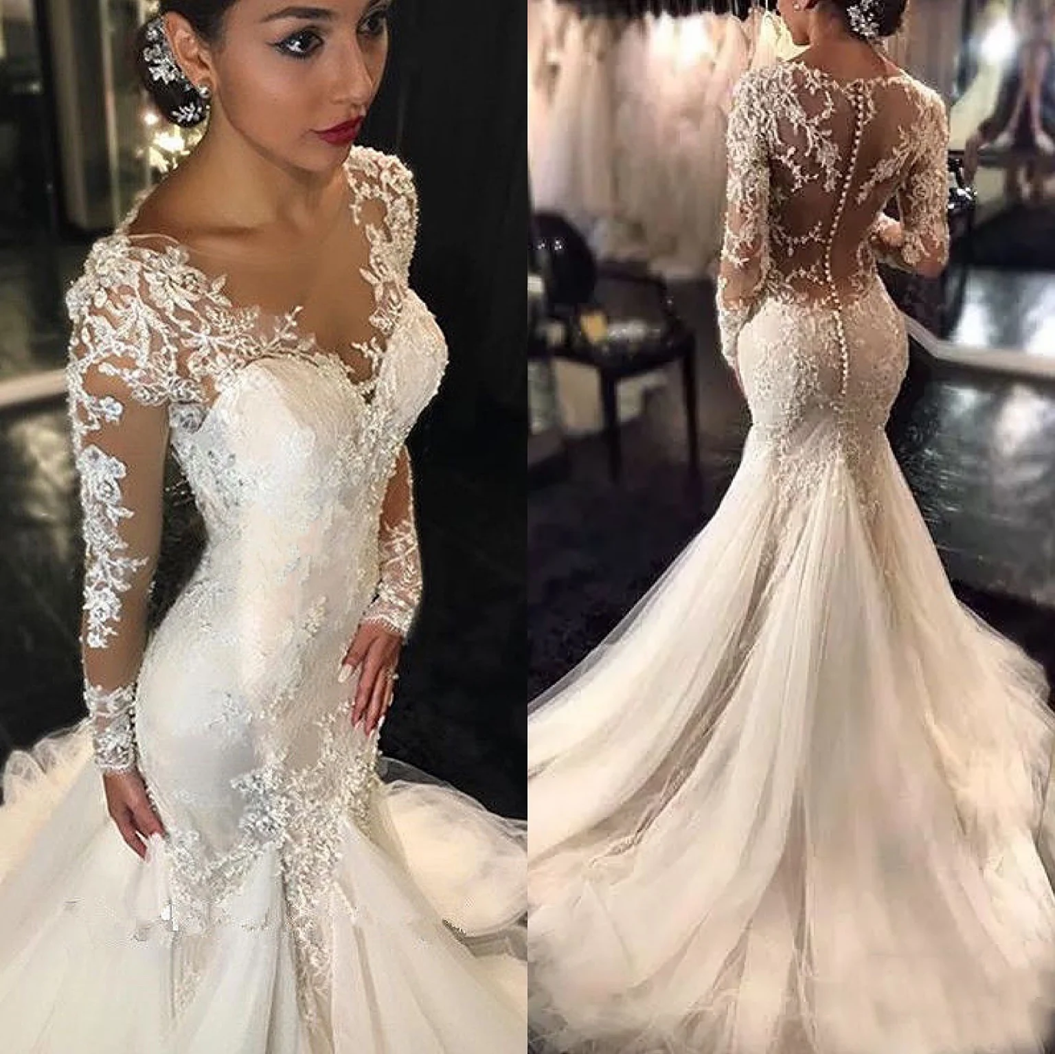 2021 MYYBLE Appliques maniche lunghe con paillettes luminose pizzo ricamato su rete Illsuion sirena abiti da sposa bottone Tulle treno