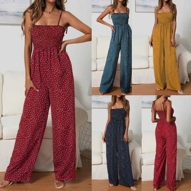 

Spring/Summer 2021 New Products Hot Sale Hot Style Polka Dot Straps Wide-Leg Jumpsuit Suspender Style Urban Casual Temperament F