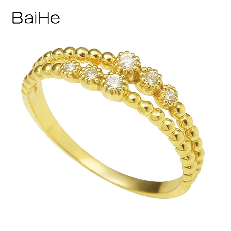 BAIHE Solid 14K Yellow Gold H/SI Natural Diamond Flower Ring Women Trendy Wedding Fine Jewelry Making خاتم زهرة anillo de flores