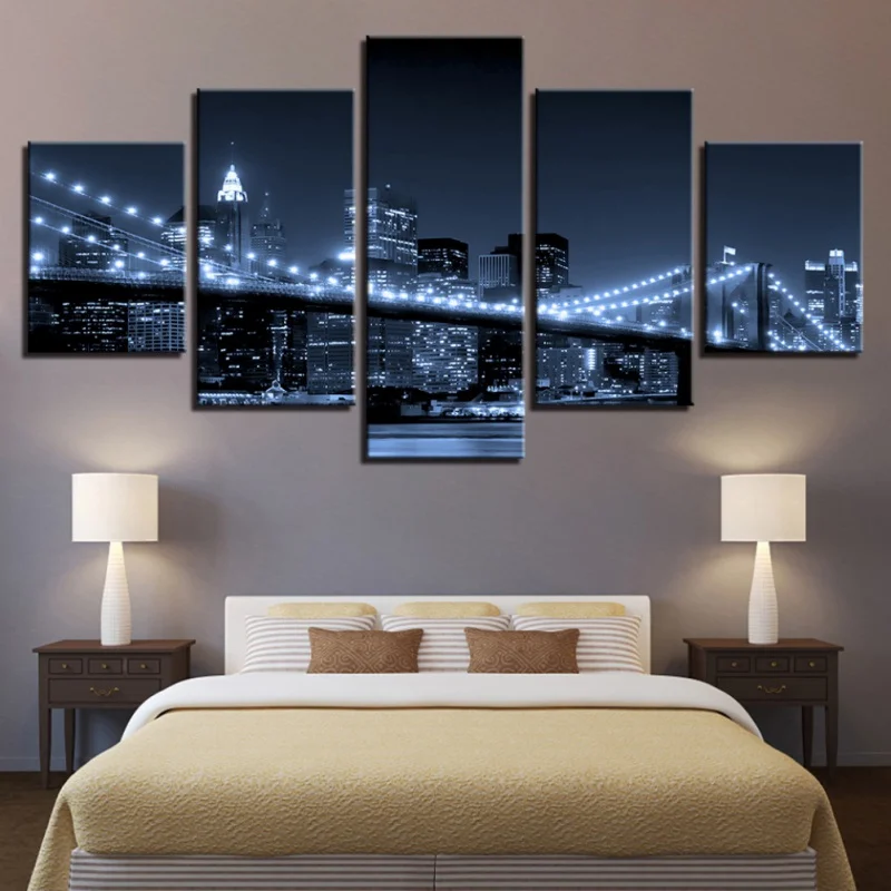 Landscape Pictures Wall Art Canvas 5 Panels City Night Scene Posters Modern Home Decorative Framed, Bedroom Decoration Paintings