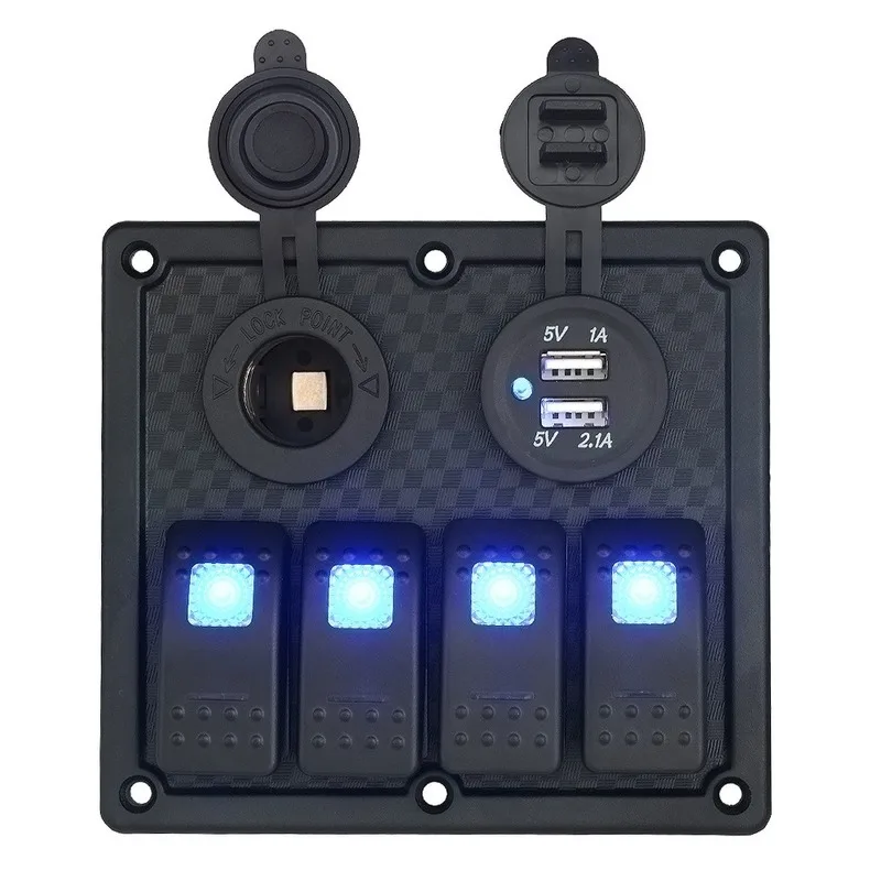 1-24V universally LED 4 Gang Rocker Switch Panel Power Socket Dual USB Wiring Kits and Decal Sticker Labels for Marine Boat Car