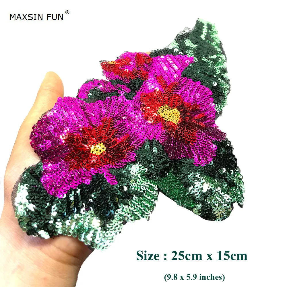 MAXSIN FUN  Large Sequins Sticker Cute Rose Flower Patches Sew on Jeans Clothes Decoration Accessories Applique DIY