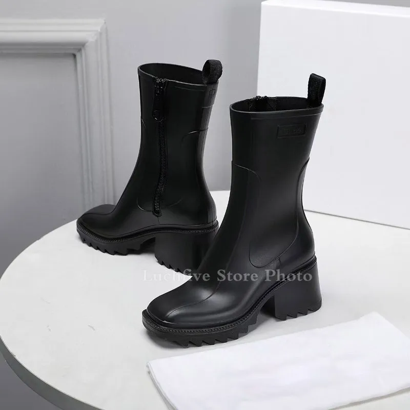 2021 Hot Sale PVC Mid-calf Boots Women British Style Chunky heel Short Boots Brown Black Fashion Luxury Brand Boots botas mujer