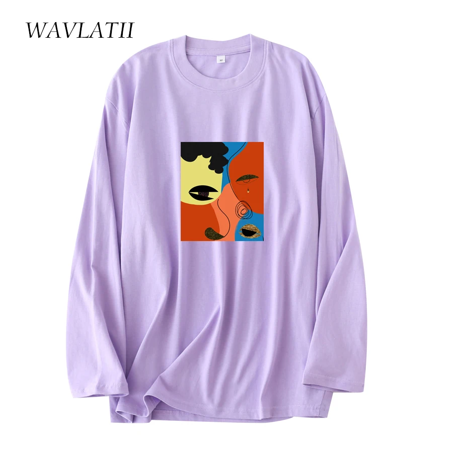 WAVLATII New Women Fashion Orange Long Sleeve T-shirts Female 100% Cotton Casual Spring Tees Lady O-neck Autumn Tops WLT2127