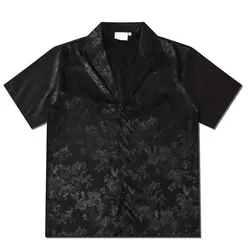 Harajuku Men Shirts Black Flower Print Short Sleeve Single Breasted Loose Shirt for Boys  Hip Hop Casual Streetwear Unisex