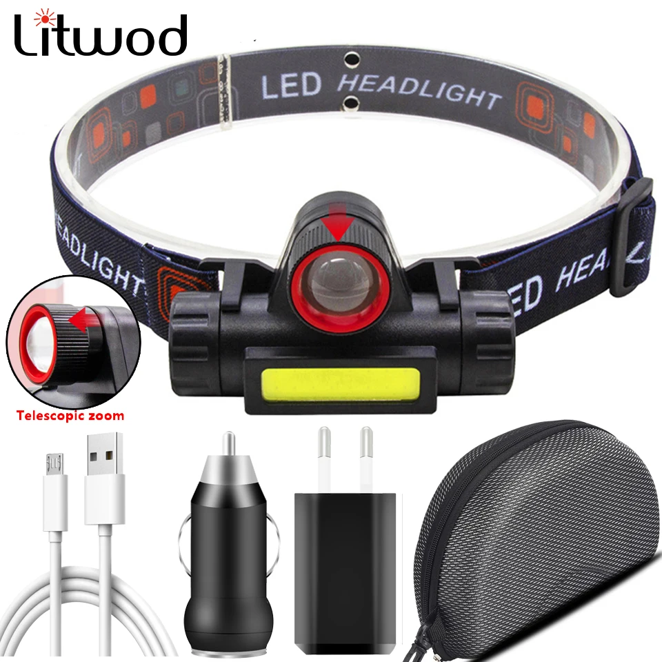 Linterna frontal LED COB recargable por USB para acampada, linterna de cabeza con batería integrada con zoom, resistente al agua