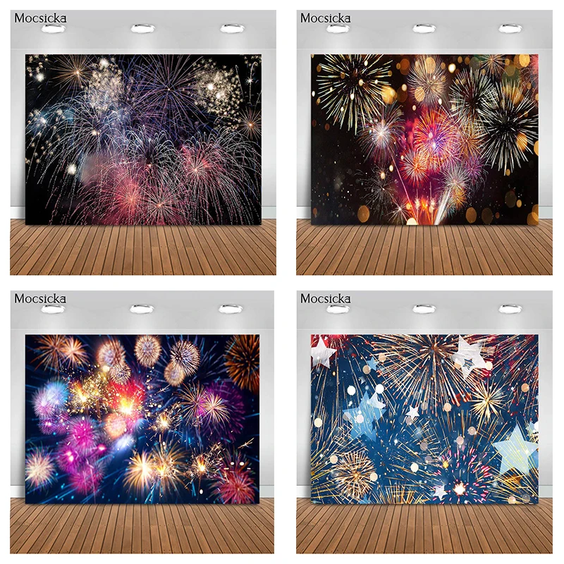 MOCSICKA Night Fireworks Photography Backdrop Birthday Party Decoration Photo Background Banner