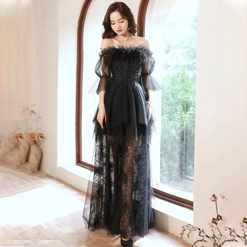 

Evening Dress Boat Neck Floor-Length Feathers Half Sleeve A-Line Sequins Appliques Black Backless Woman Formal Party Gowns A1900