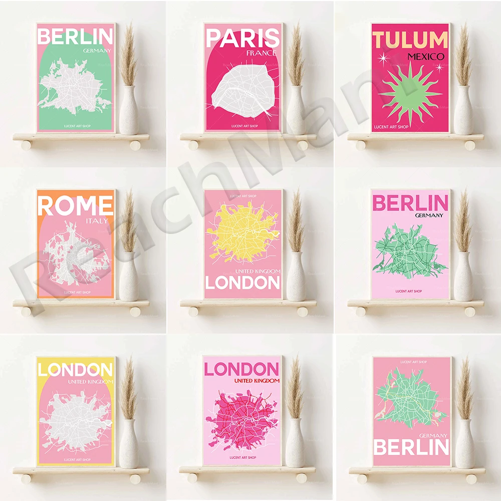 

City map poster color art, Berlin - Seoul - Tokyo - Rome - New York - Stockholm - London - Paris typographic decoration poster