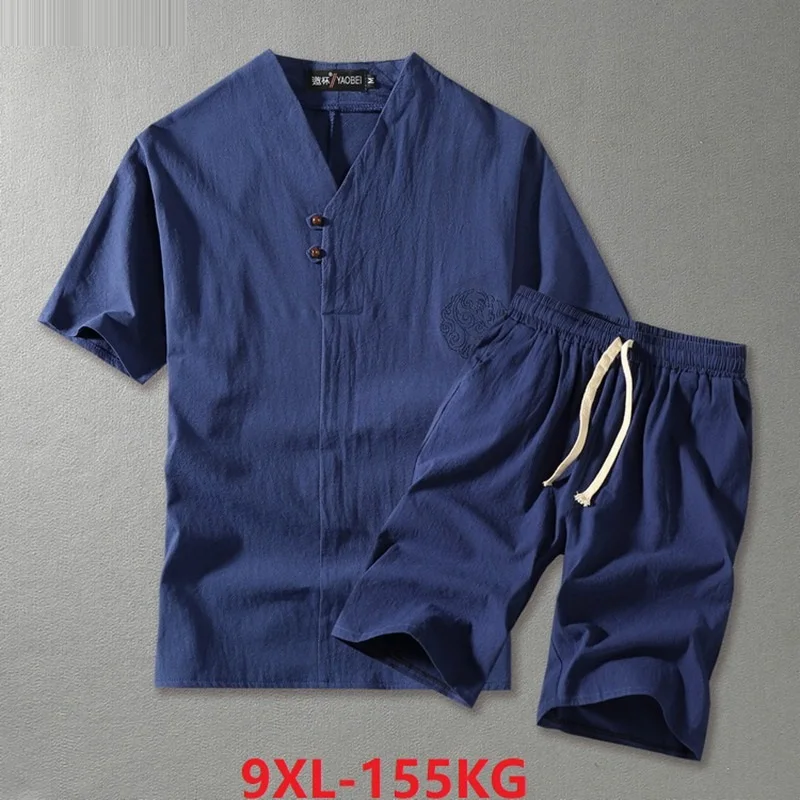 

large size 7XL 8XL 9XL Summer Men linen Short Sleeve T-shirt and shorts embroidery tang suit vintage v-neck oversize Tees 150KG