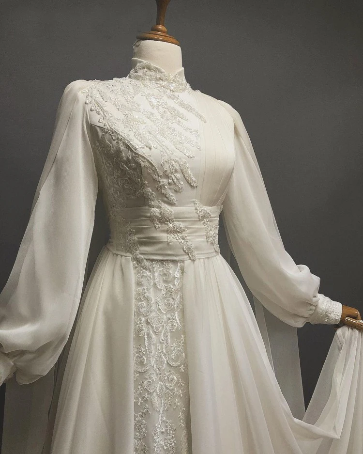 Vestido De novia musulmán De manga larga, elegante, con cuello alto, apliques De cuentas, línea A