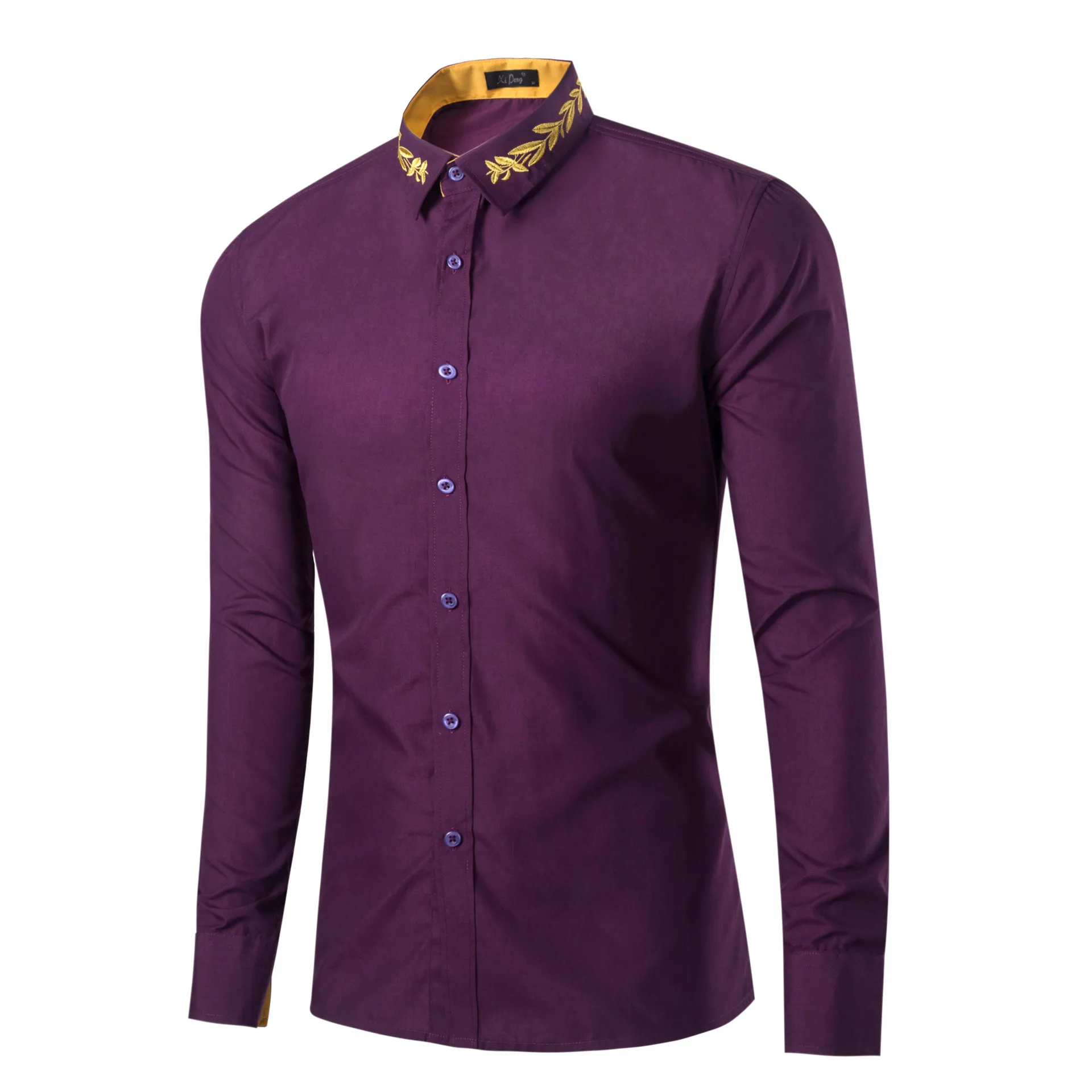 

Spring Autumn Solid Color Mens Shirts Fashion Collar Embroidered Long Sleeve Loose Shirt Men Casual Button Up Blouses US Size