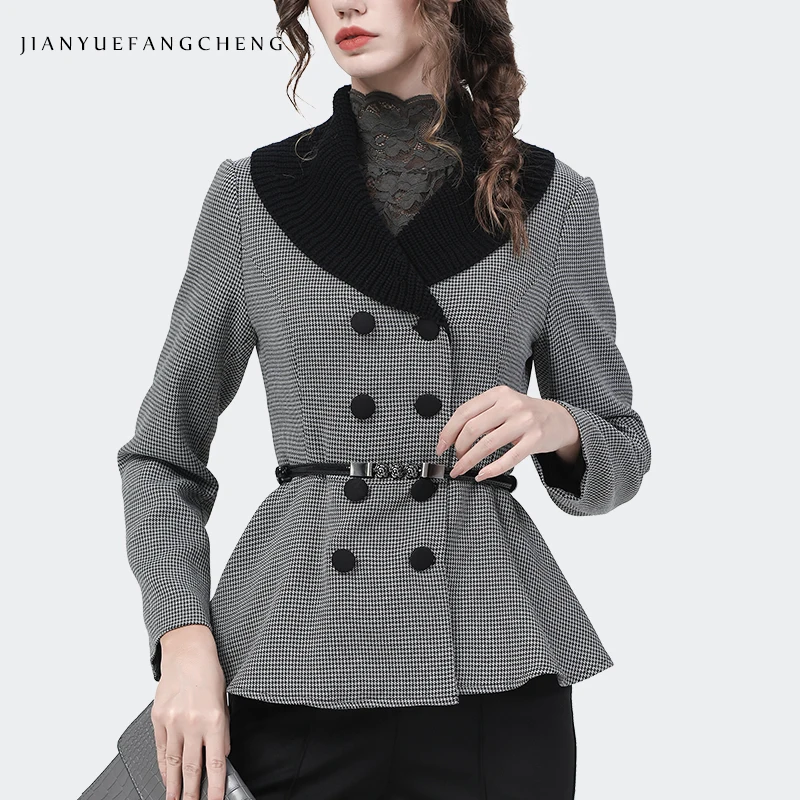 Office Ladies Gray Plaid Blazer With Kntted Collar Short Slim Coat 2021 Autumn New Fitted Waist Female Work Wear Vintage Tops