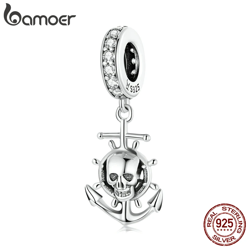 Bamoer 925 Sterling Silver Travel Round the World-Skull Pirate Ship Pendant for Silver Snake Bracelet or Bangle Jewelry Gift