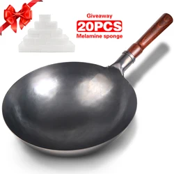 34cm Iron Wok Traditional Wok Non-stick Non-coating High Quality Handmade Chinese Woks(Free magic sponge 20pcs)Gift