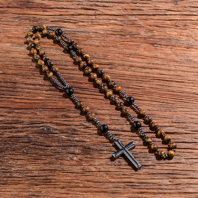 Natural Yellow Tiger Eyes Black Agate Beaded Catholic Christ Cross Pendant Necklace Men and Women Rosary Meditation Jewelry