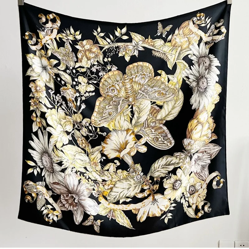 

Floral & Butterfly Print 100% Silk Scarf Neckerchief Women Large Square Elegant Silk Shawl Cape Echarpe 35"x35"