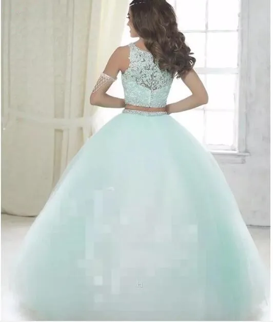 Cristais de luxo quinceanera vestidos de baile dois 2 peça lantejoulas tule baile debutante dezesseis doce 16 vestido vestidos de 15 anos