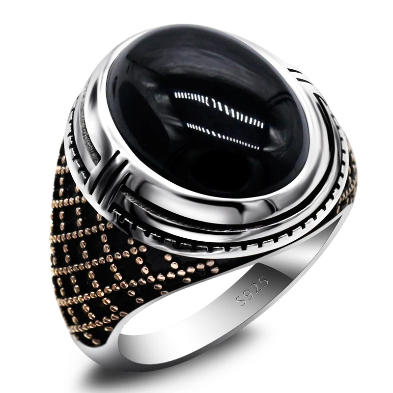 

925 Sterling Silver Men's Ring Turkey Classic Vintage Natural Black Onyx Stone Big Stone Ring Men's Silver Ring with Stone