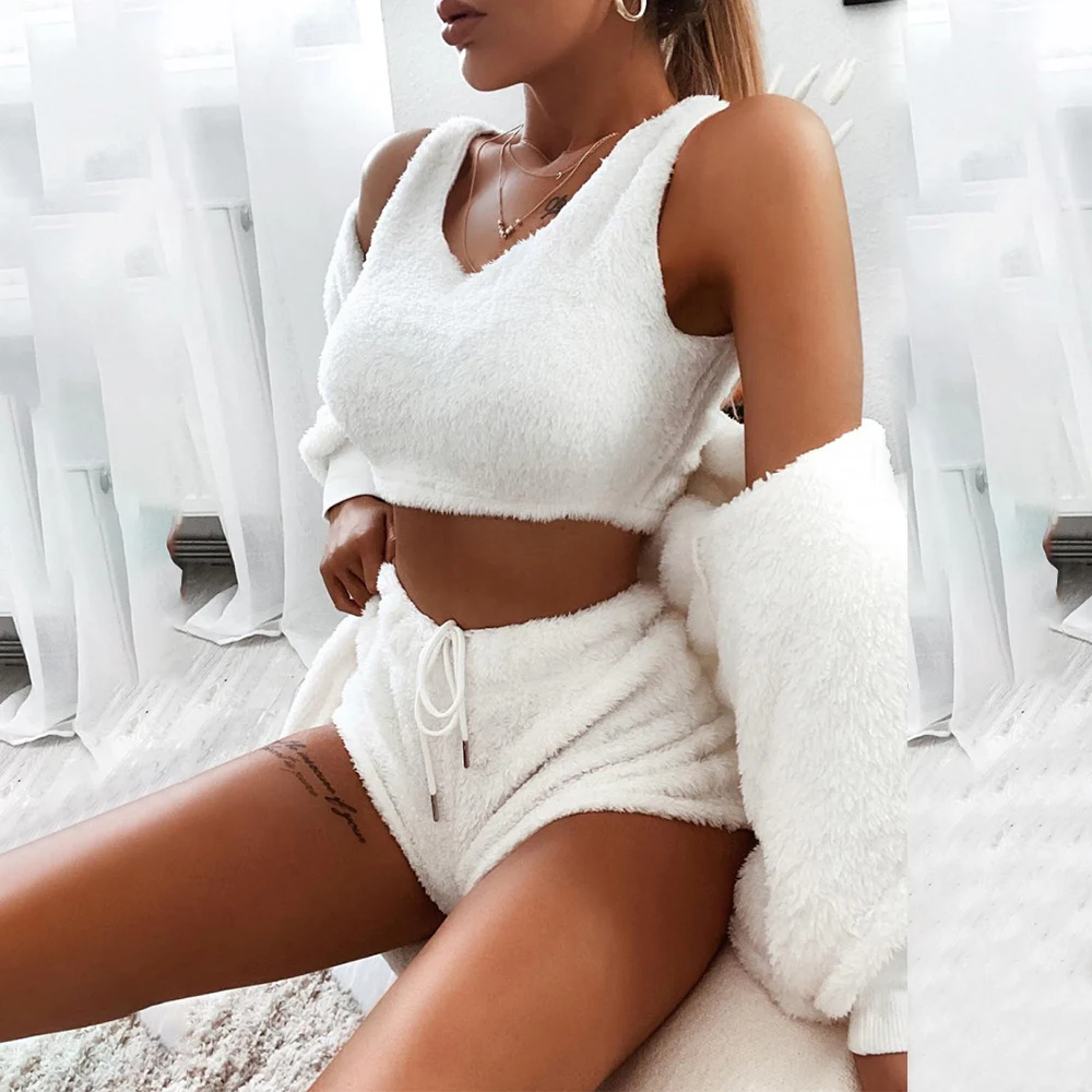 

Sale Women Coral Velvet Pajamas Set Sexy Fleece Fluffy 3 Piece Cardigan Crop Tops Shorts Suit Casual Sleepwear Tracksuit Set D30