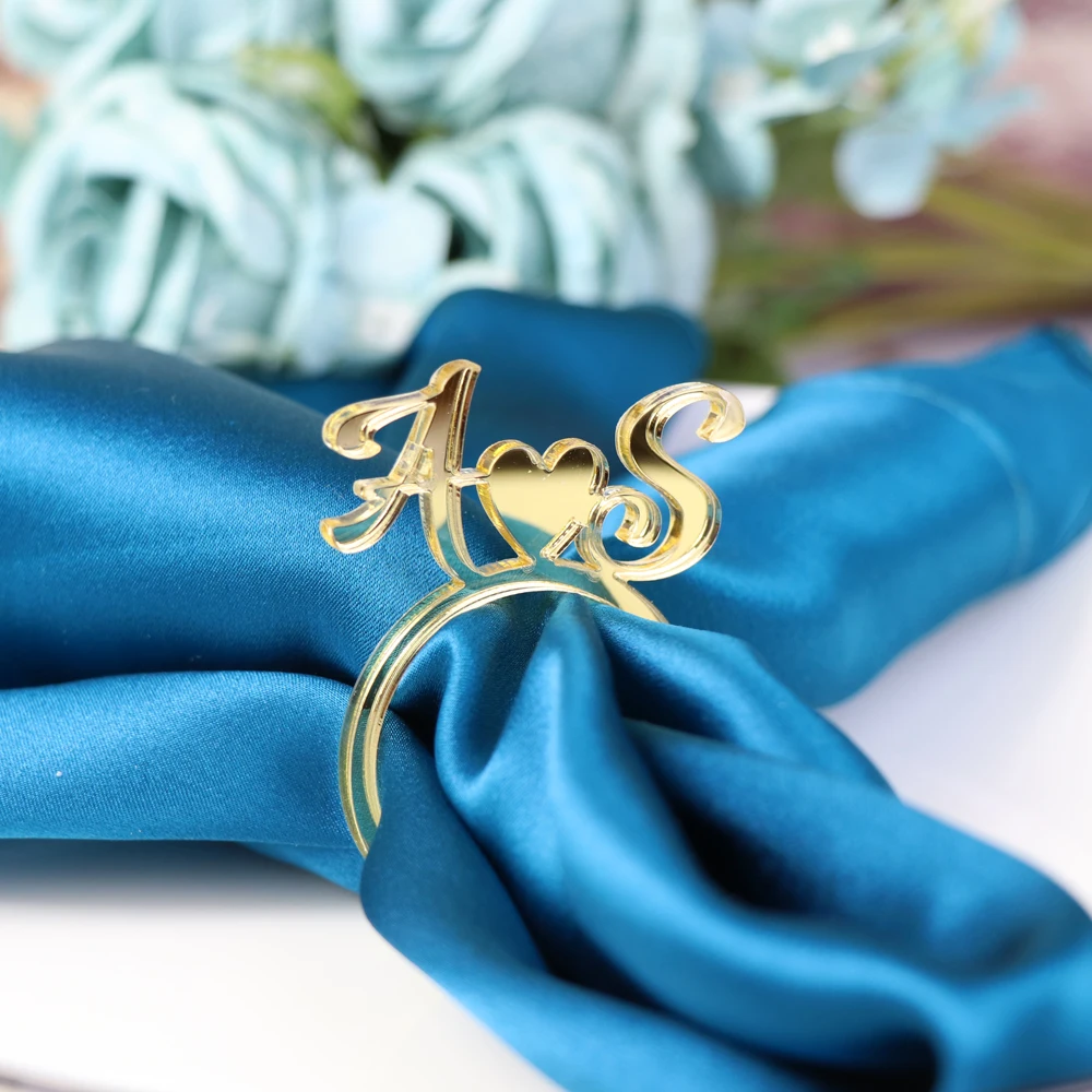 Custom heart with Initials Napkin Ring,Personalized Wedding napkin rings table decora,mirror gold Cut Napkin Ring with Initials