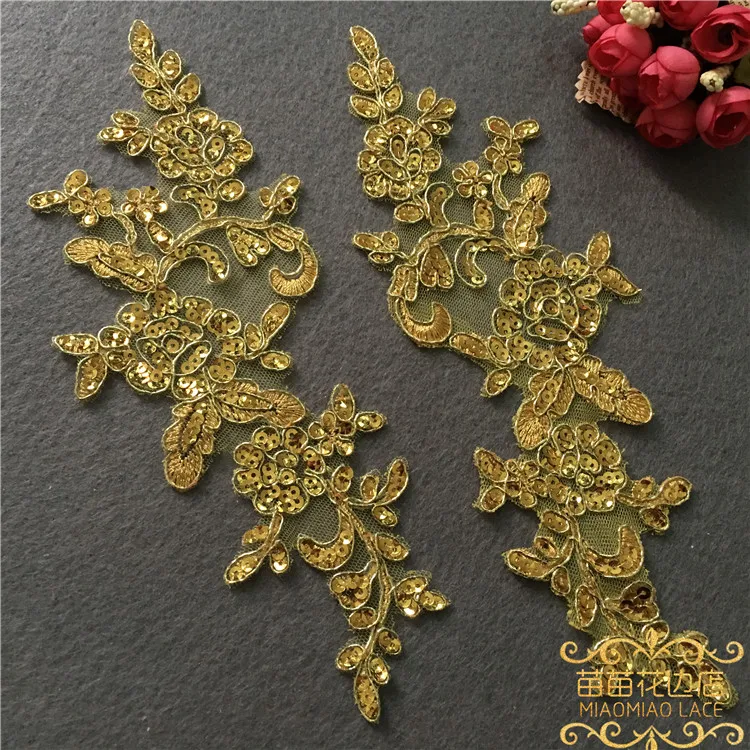 3Pairs/6Pcs Gold Glitter Lace Applique Flower Sequin Lace Fabric For Garment Wedding Accessories Cloth DIY Craft 22.5X8cm