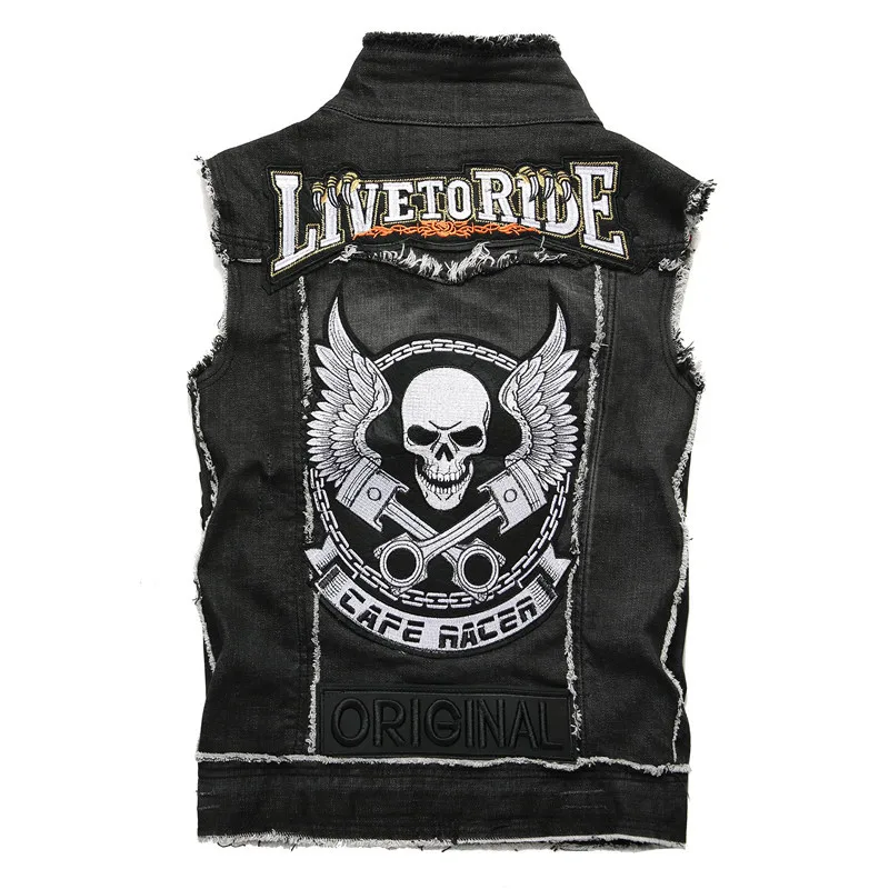 Gilet Jeans Uomo Motociclista – Stampa Teschio, Bottoni E Senza Maniche - 2